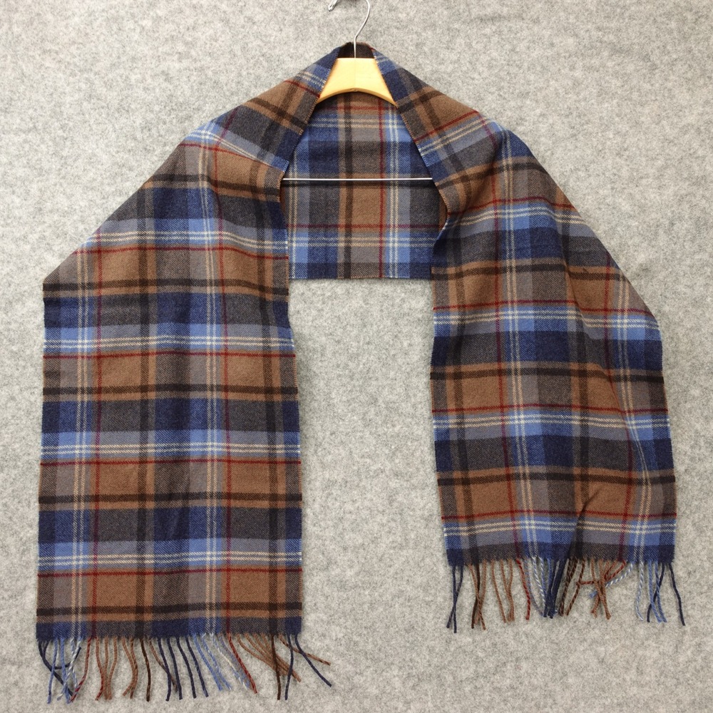 Wool Plaid Scarf Mens Navy Camel Brown Tartan Fringe Muffler Neck Wrap 11.7x58